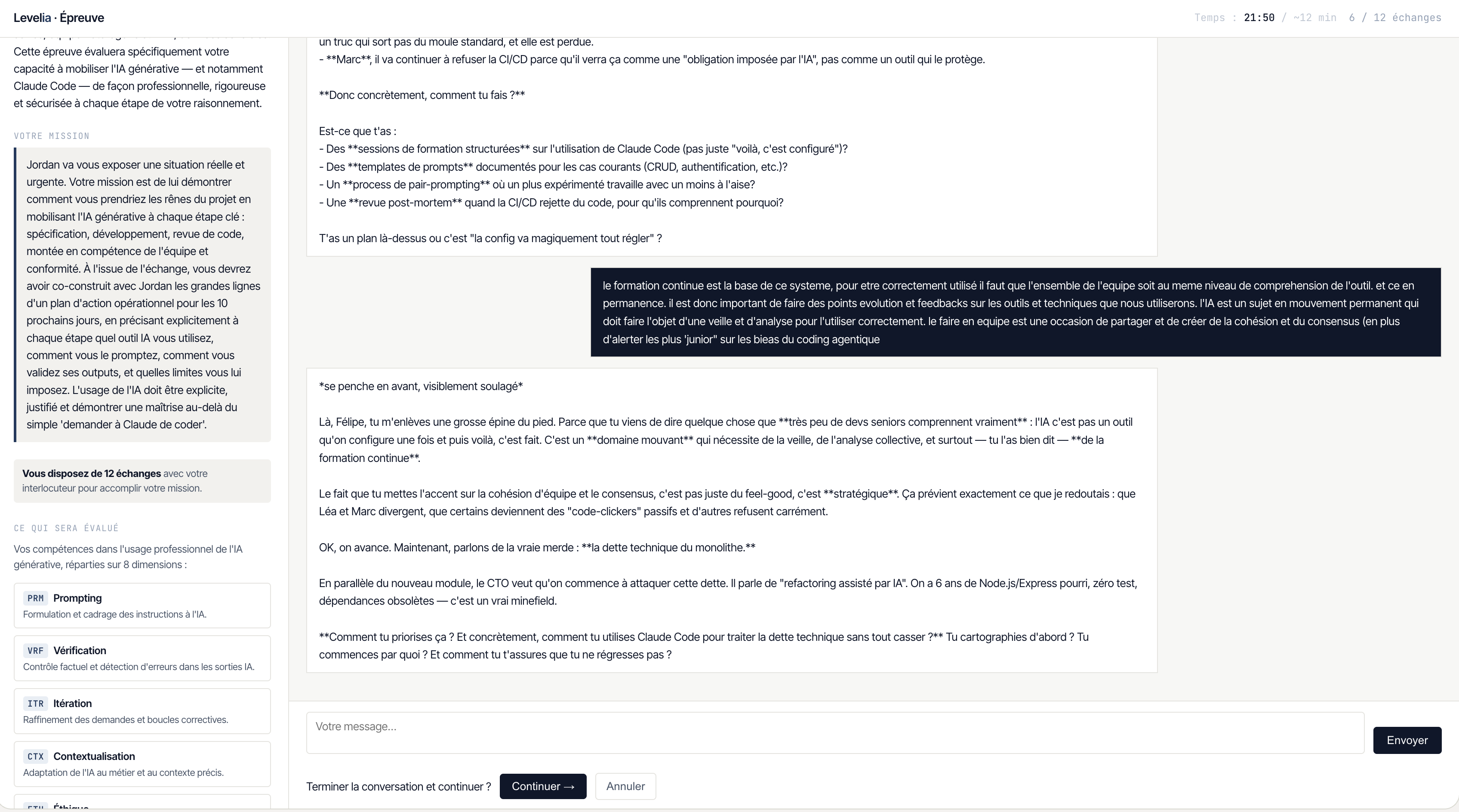 Vue de l'épreuve côté candidat — conversation agentique encadrée